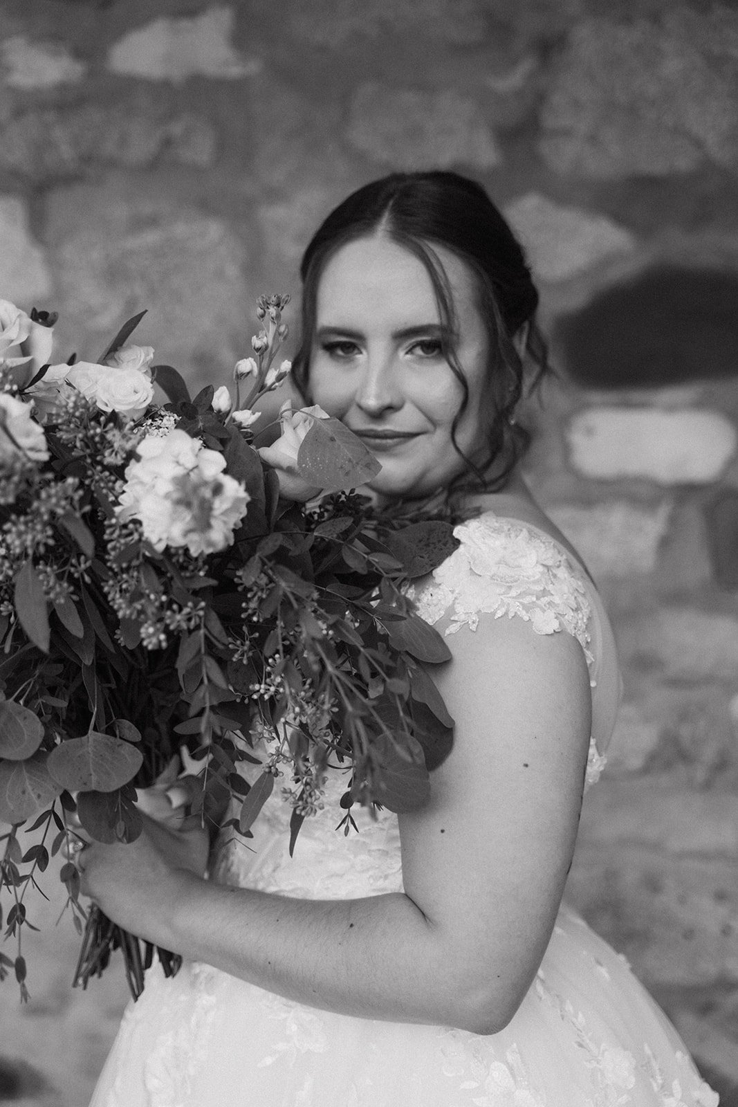 Black and white portrait of the bride